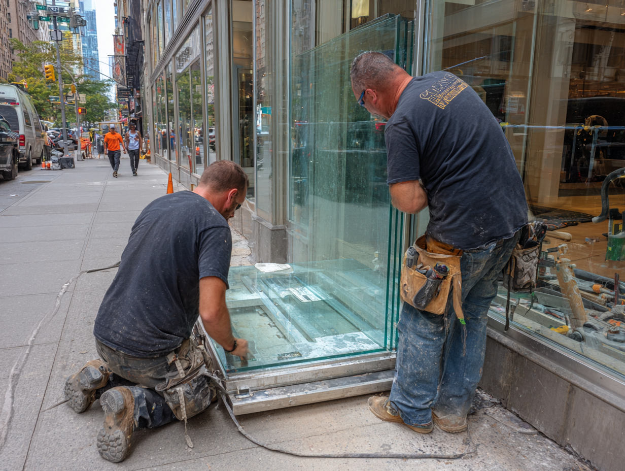 Two-man crew installing large glass panel into NYC storefront aluminum frame
